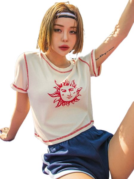 

dazy sun print stitching tee g6a2#, White