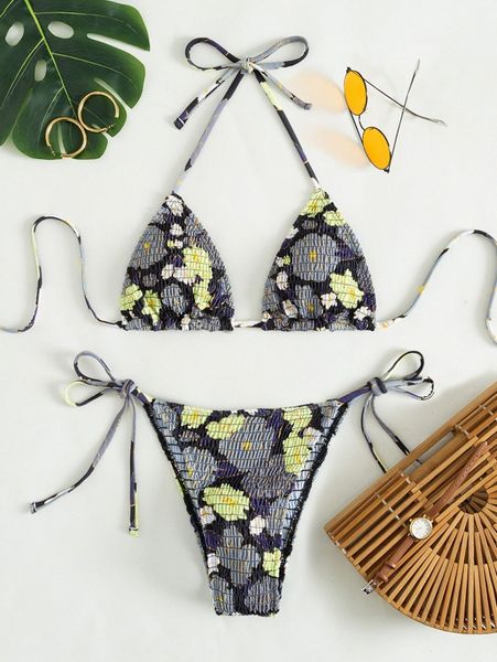 

floral print smocked halter triangle bikini swimsuit i8wj#, White;black