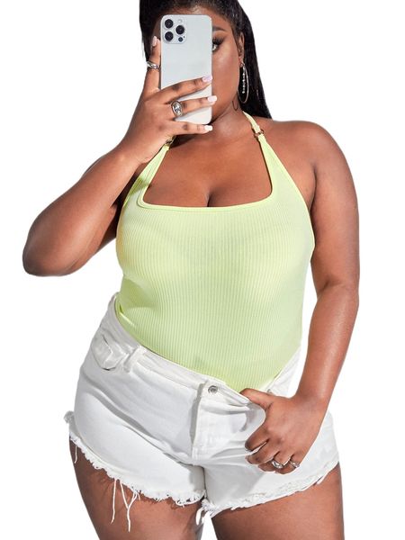 

sxy plus solid tie backless halter x18j#, Black