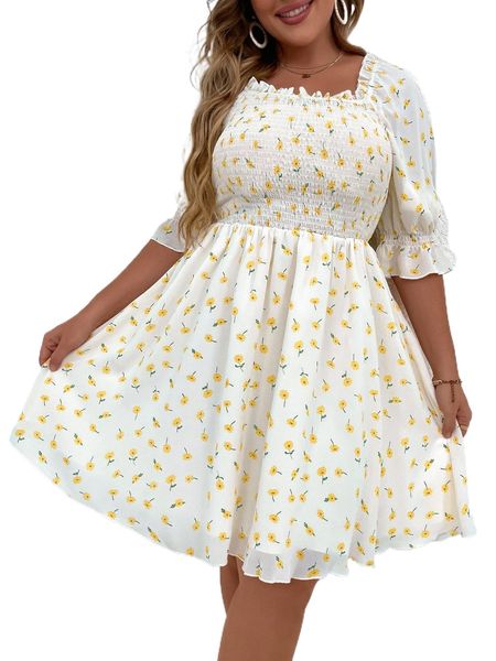 

plus ditsy floral print shirred flounce sleeve dress h7ty#, Black