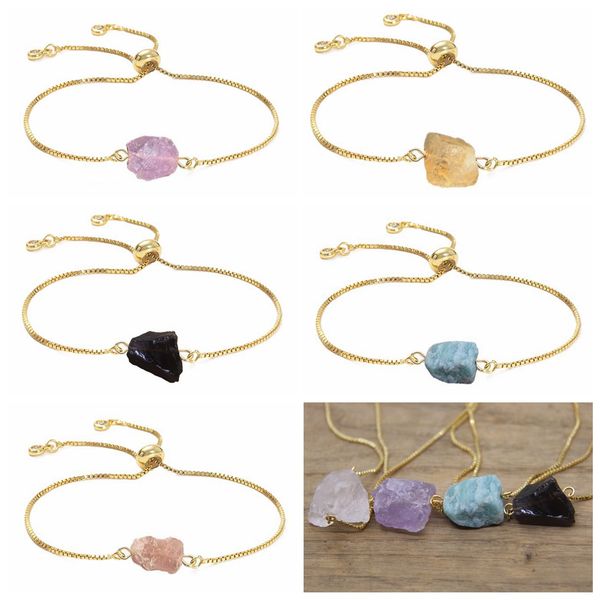 

women raw gemstone link chain bracelet gold chain bracelets diffuse energy healing chakra crystal yoga cuff bangle rough original stone coup, Black