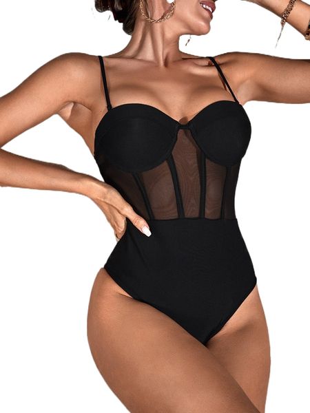 

mesh insert push up high cut one piece swimsuit l21o#, White;black