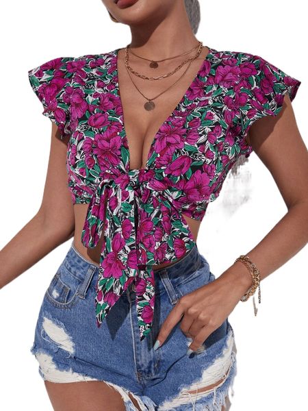 

allover floral print knotted butterfly sleeve p77n#, White