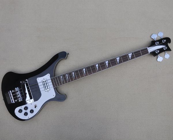 

4 string black electric bass guitar with chrome hardware white pickguard