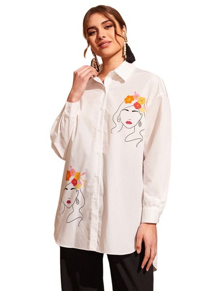 

floral & f.igure graphic d.rop s.houlder b.louse u6j2#, White