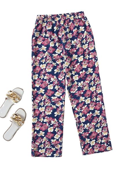 

floral print elastic waist pants u2sk#, Black;white