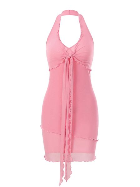 

lettuce trim knot front mesh halter dress e5kk#, Black;gray