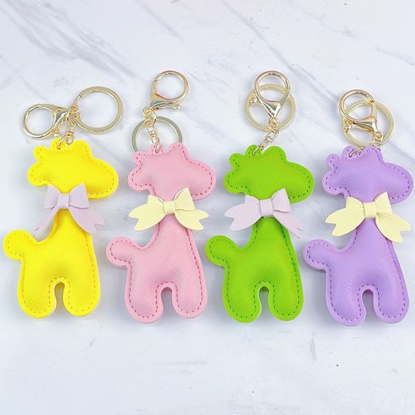 Keychains de couro de animal Chavenizante Acessório de girafa Pingente de girafa Pingente anel Ring Gifts for Women Fashion Design Pu Bow Car Keys Holder Fobs Macaron Bag Charm Jóias