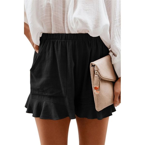 

new arrival women summer ruffle shorts fashion solid colour shorts female ladies high waist straight leg pockets short pants t200701, White;black