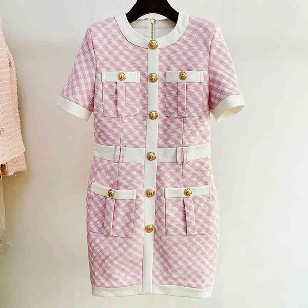 

casual dresses 2022 autumn and winter star lion button short sleeve color matching tweed twill plaid dress ot1i, Black;gray