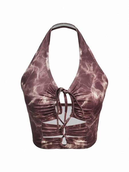 

tie dye backless lace up front halter e9y8#, White