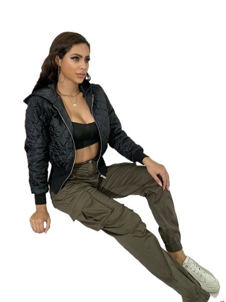 

eilly bazar zip up hooded quilted padded jacket a4mc#, Black