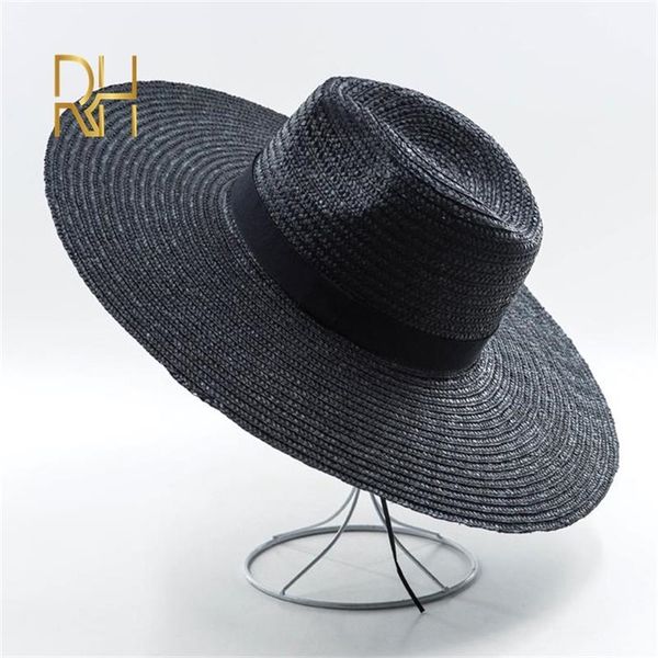 

summer fashion black wheat straw hat outdoor travel shopping sunscreen sun jazz caps natural grass fedora cap 220507, Blue;gray