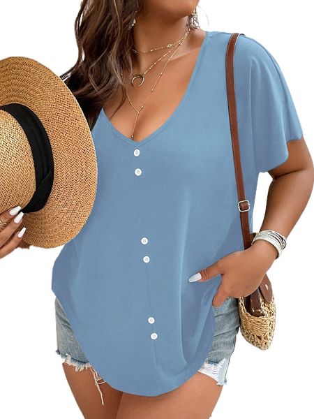 

plus fake button batwing sleeve tee d9ar#, Black