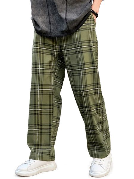 

men plaid drawstring waist pants 535e#, Black