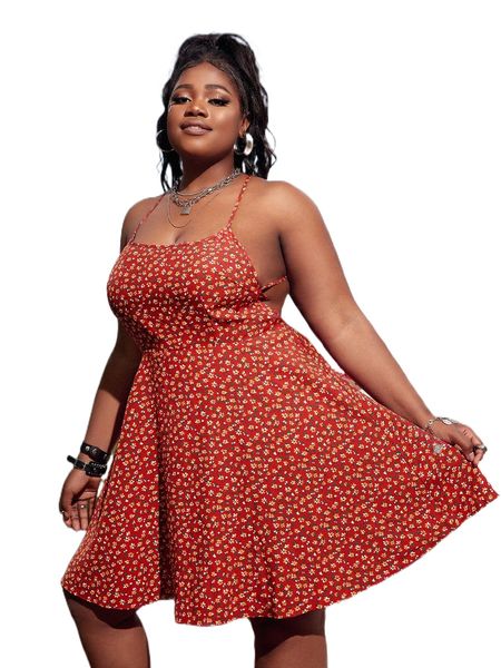 

sxy plus ditsy floral crisscross tie backless cami dress p991#, Black