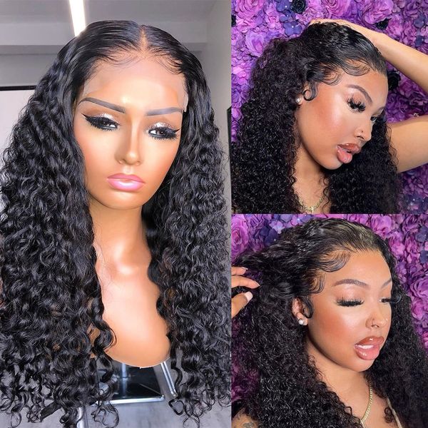 

Long 30Inch Deep Curly 360 Lace Front Brazilian Human Hair Wigs 13x4 Transparent Synthetic Frontal Wig For Black Women, Natural color