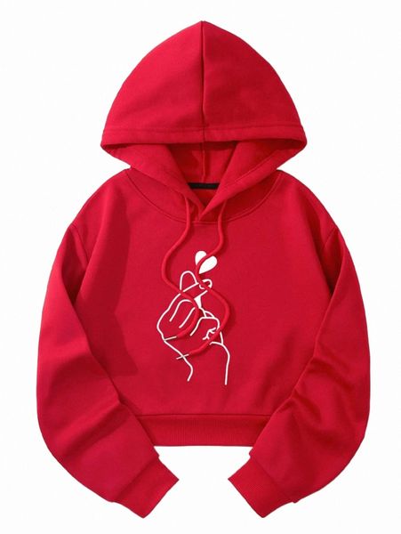 

gesture & heart print drop shoulder drawstring thermal hoodie 13bn#, Black