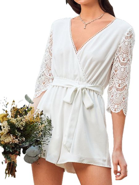 

guipure l.ace insert surplice n.eck b.elted romper c2ny#, Black;white