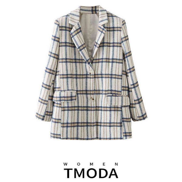 

suit tmoda342 women 2022 fashion check single breasted wool cloth blazer jacket, White;black