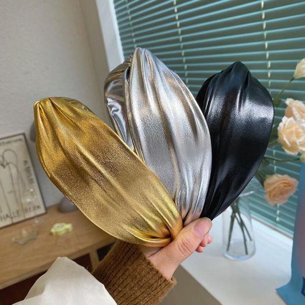 Yeni Moda Kadınlar Kafa Altın Gümüş Geniş Yan Hairband Shining Deri Türban Katı Renk Saç Aksesuarları