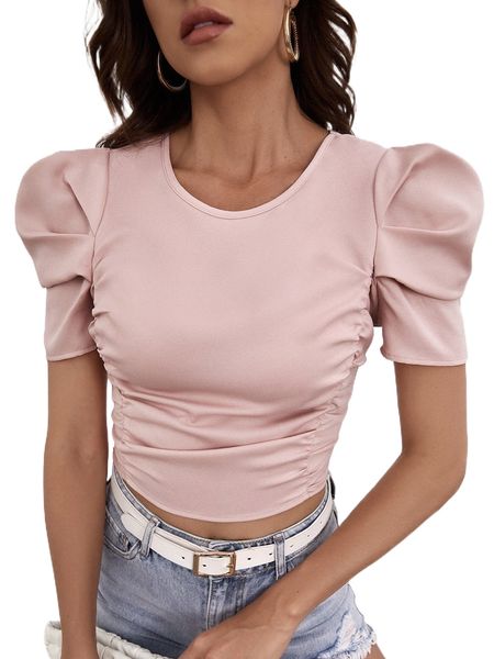 

puff sleeve ruched crop w22q#, White