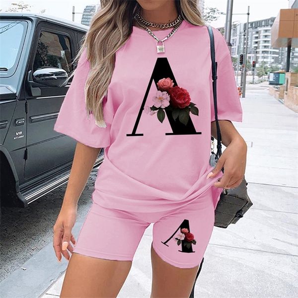 

summer women two piece sets 26 letter printed pink tshirts shorts suits short sleeve casual joggers shorts outfit 220627, Gray