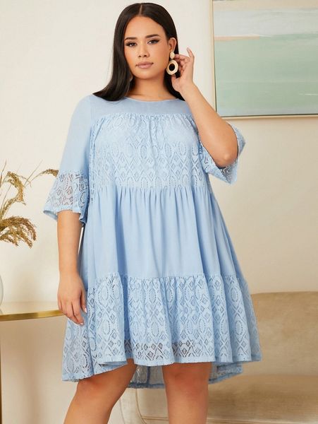 

plus lace panel ruffle hem smock dress e6zp#, Black