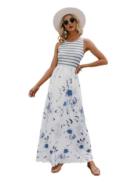 

simplee striped floral print dress 93tw#, Black;gray