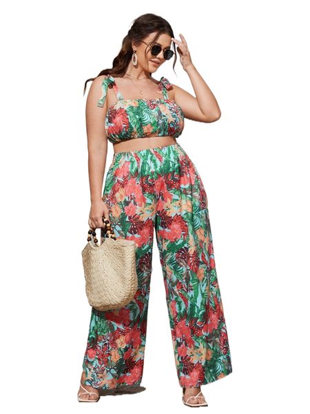 

plus allover tropical print tie shoulder cami & wide leg pants 785v#, Black