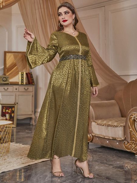 

plus leopard jacquard contrast tape flounce sleeve satin dress p8zm#, Black