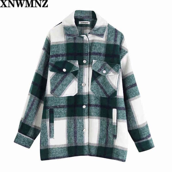 

xnwmnz za vintage stylish pockets oversized plaid jacket coat women fashion lapel collar long sleeve loose outerwear chic 210513, Black;brown