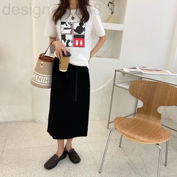 

two piece dress designer sp original cartoon letter printed round neck short sleeve t-shirt + high waist drawstring straight skirt set sz0p, White