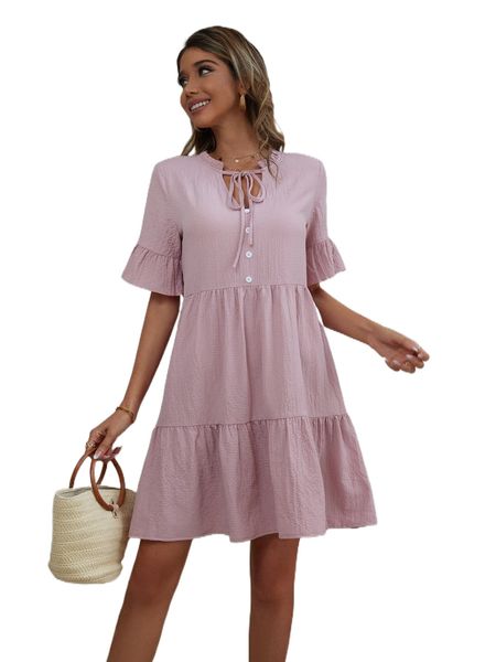 

tie neck flounce sleeve ruffle hem smock dress e7u5#, Black;gray