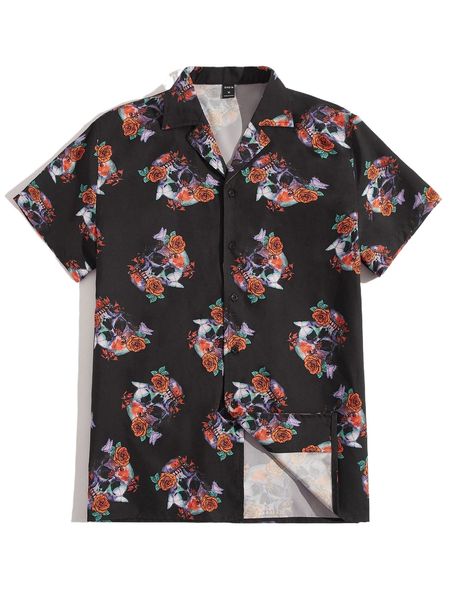 

men skull & floral print shirt t92z#, White;black