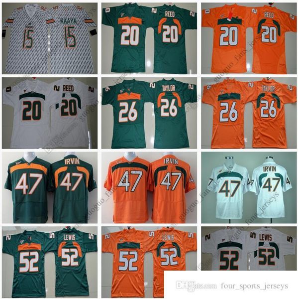 NCAA Miami Hurricanes Jersey de futebol 15 Brad Kaaya 20 Ed Reed 26 Sean Taylor 47 Michael Irvin 52 Ray Lewis laranja branca de alta qualidade Jersey Size S-XXL1