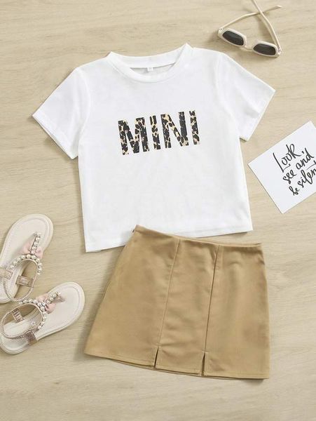 

toddler girls letter graphic tee with split hem skirt she, White