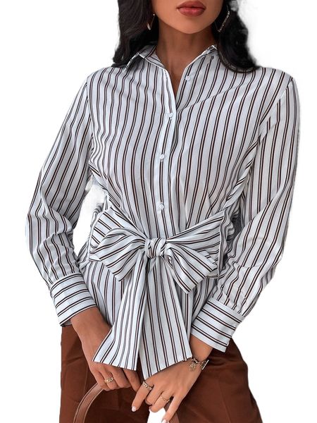 

striped tie front button through shirt n5ky#, White