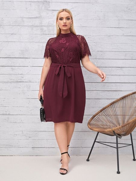 

plus stand neck eyelash lace panel belted dress w1v3#, Black