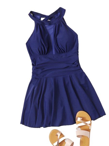 

ruched detail contrast mesh swim dress q8ir#, White;black