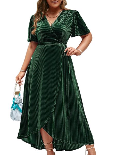 

plus flutter sleeve tie side wrap velvet dress a1j4#, Black