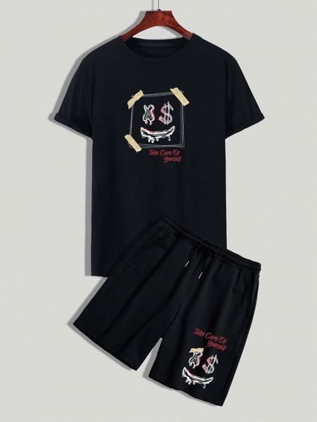 

romwe guys slogan cartoon graphic tee & drawstring shorts n8ks#, Gray