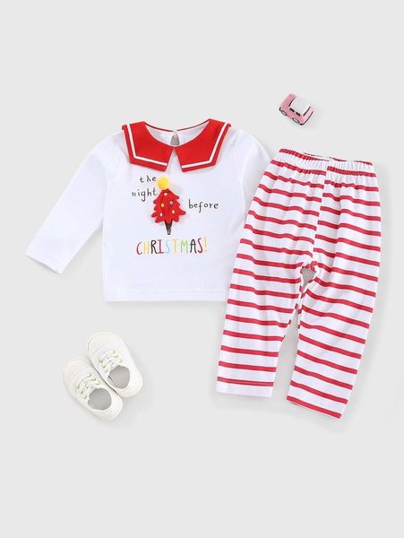 

peninsula baby toddler girls letter graphic and tree print sailor collar tee and striped pants she, White