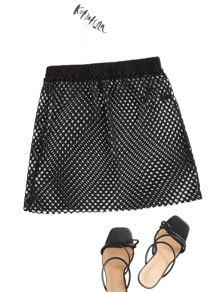 

solid elastic waist mesh skirt y2pi#, Black