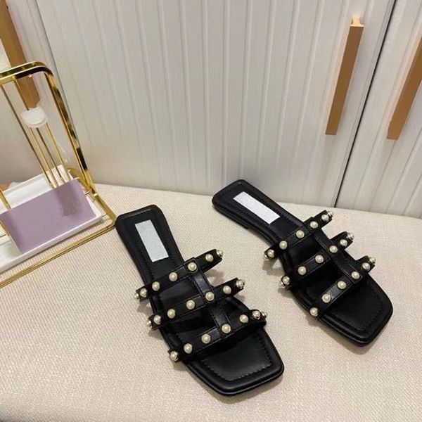 

elegant summer sandals hazal flat black mesh pearl studs slides luxury designer sandals slippers motif fashion leather comfort shoes