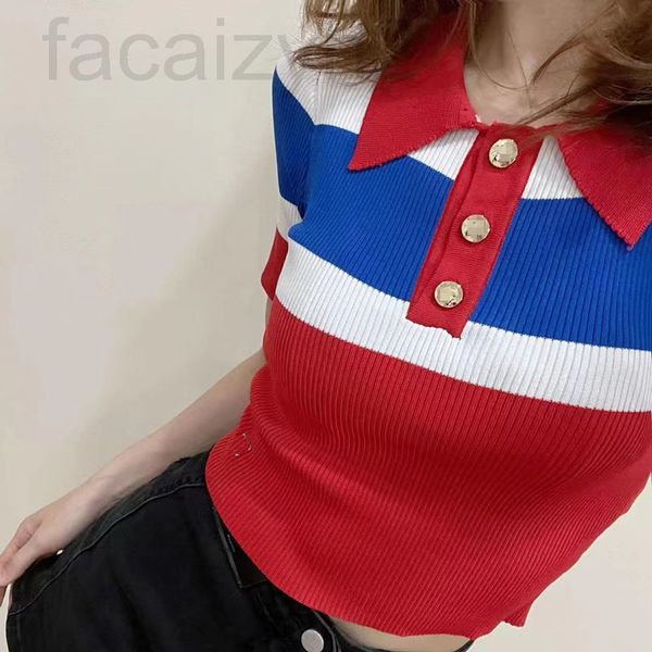 

women's knits & tees designer ce family lapel short intercolor stripe slim knit women x5c2, White