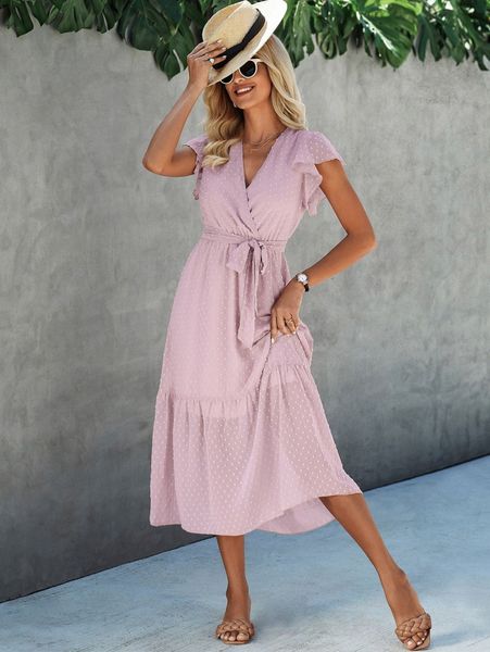 

swiss dot butterfly sleeve ruffle hem belted chiffon dress y8or#, Black;gray