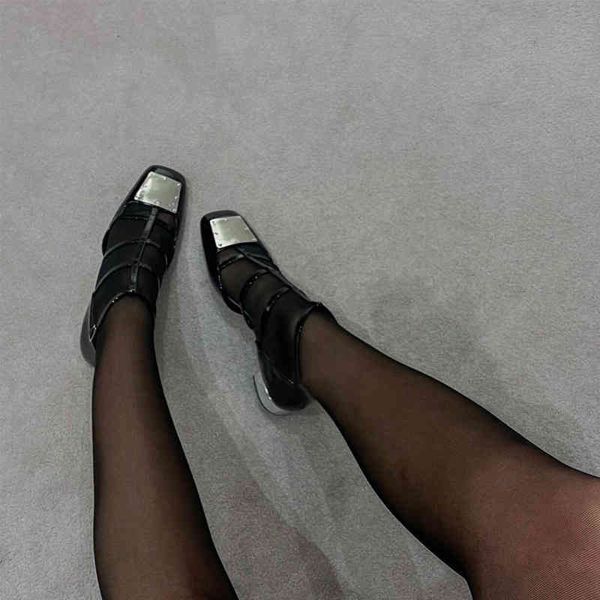 

outlet baotou roman sandals women's 2022 new spring metal thick heel hollow out middle heel square toe sling shoe mary, Black