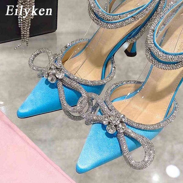 

sandals wedding shoes woman 2023 pointed toe crystal pumps hih heel ankle buckle strap rhinestone bowtie sandal party 220232, Black