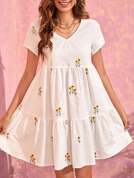 

floral embroidered ruffle hem dress 32nn#, Black;gray